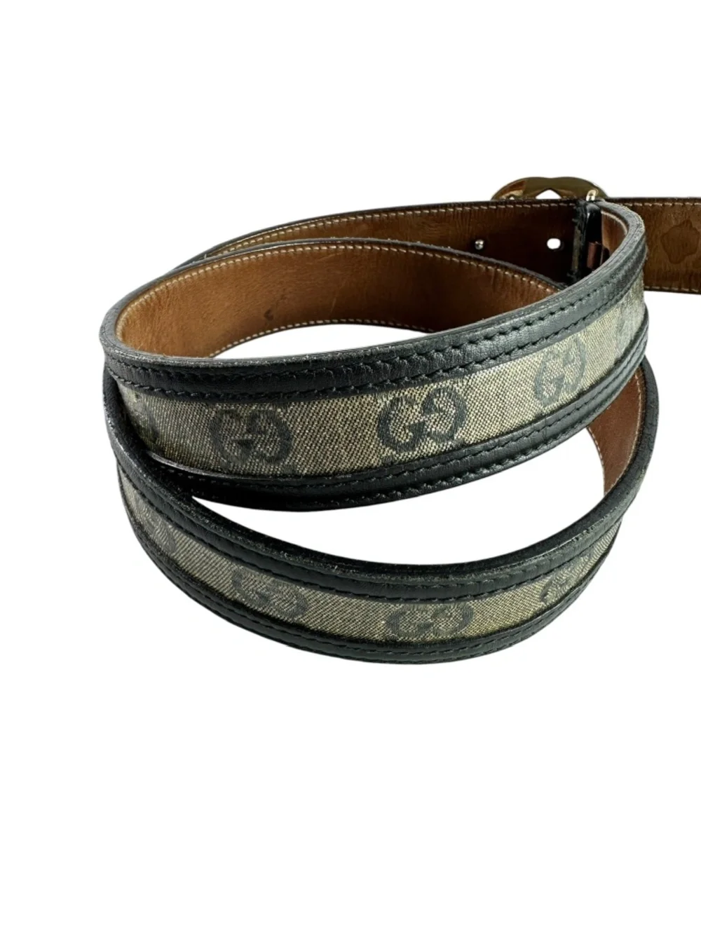 Genuine Vintage GUCCI Black Leather Canvas Interlocking GG Gold Buckle Belt 34